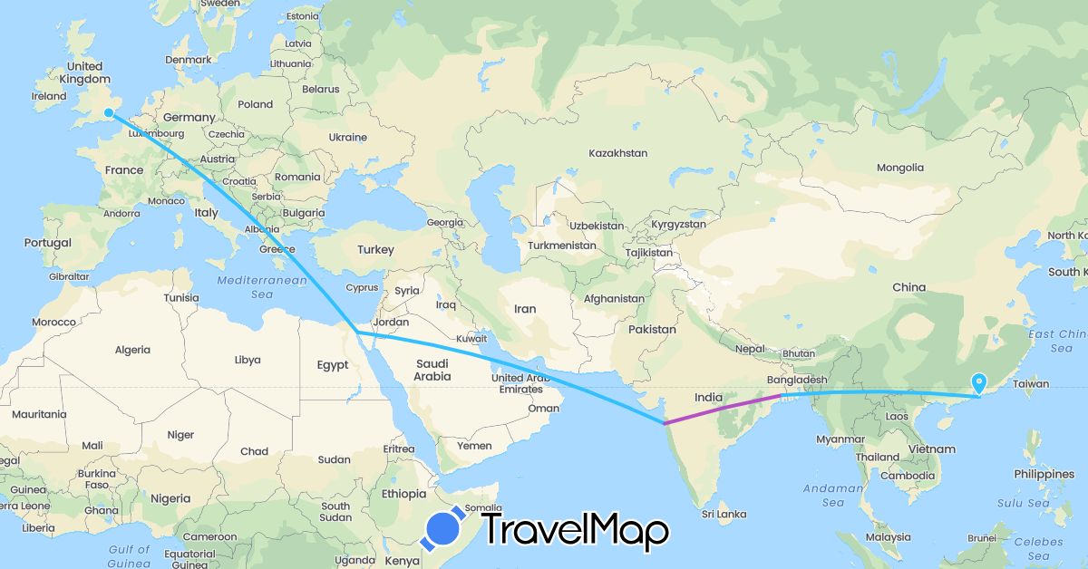 TravelMap itinerary: driving, train, boat in China, Egypt, United Kingdom, India (Africa, Asia, Europe)